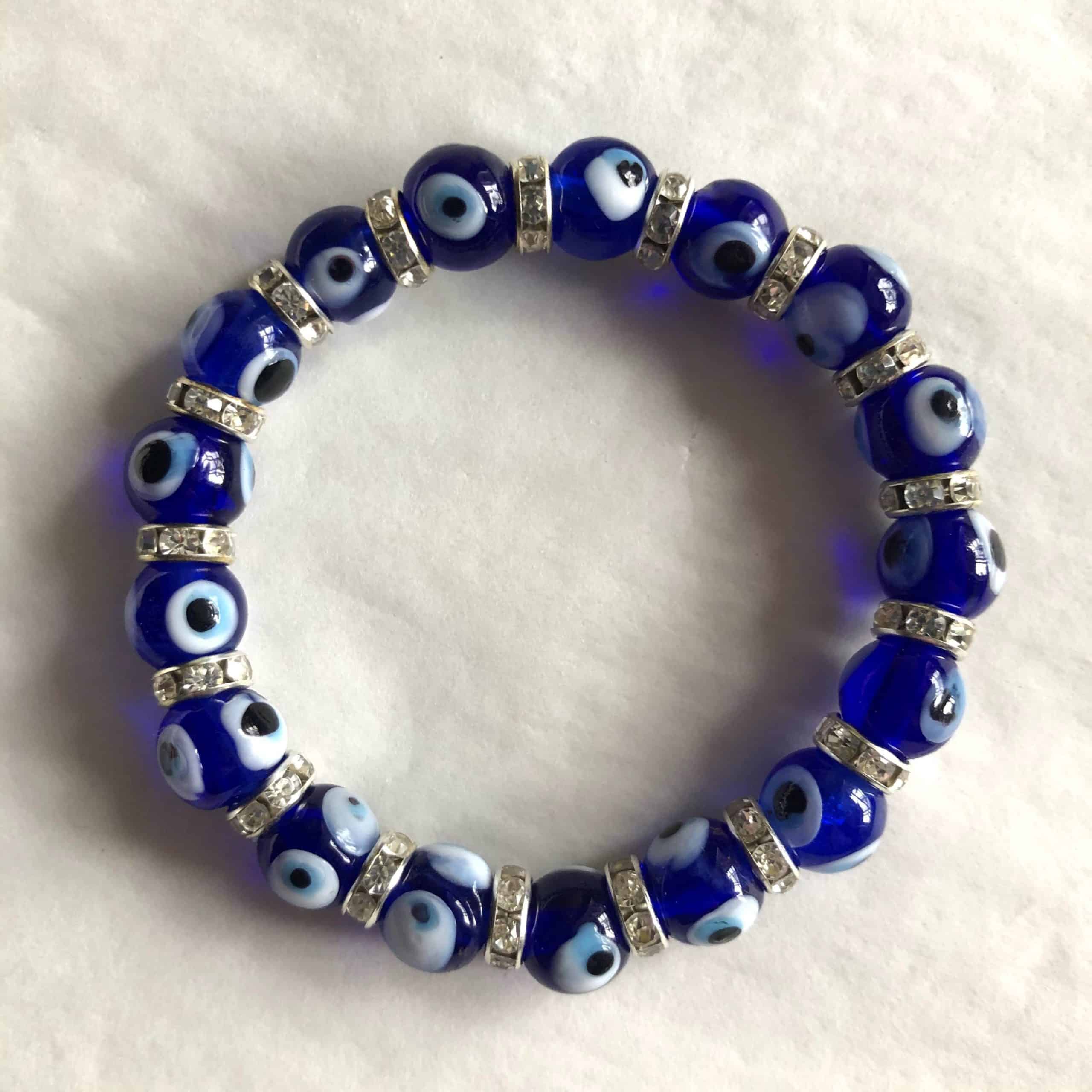 10 mm Cobalt Blue Evil Eye Beaded Bracelet with Rhinestone Spacers