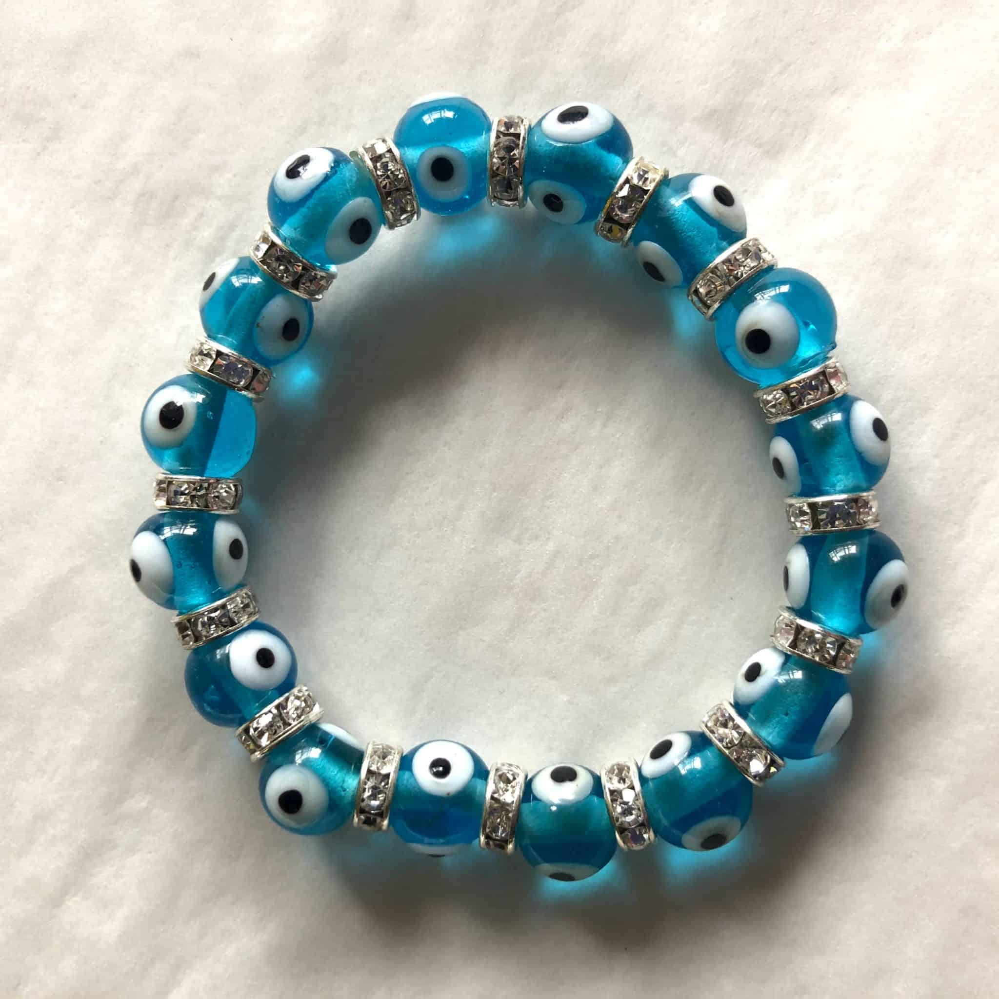 10 mm Aqua Blue Evil Eye Beaded Bracelet with Rhinestone Spacers ...