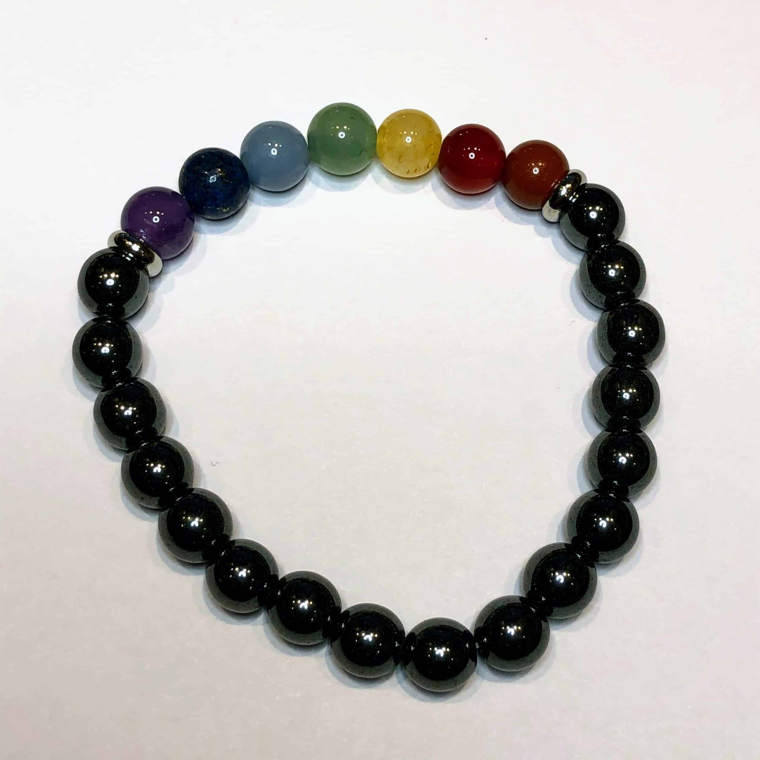Seven Chakra Energy Bracelet with hematite beads 8mm and Natural Healing Stones! 