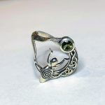 Faceted Moldavite Lunar Spiral Goddess with Celtic Knotwork Ring (Platinum Coated Sterling Silver)